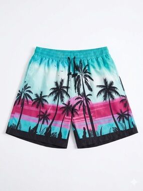 Tropical Palm Tree Sunset Swim Trunks XL Teal Pink Retro